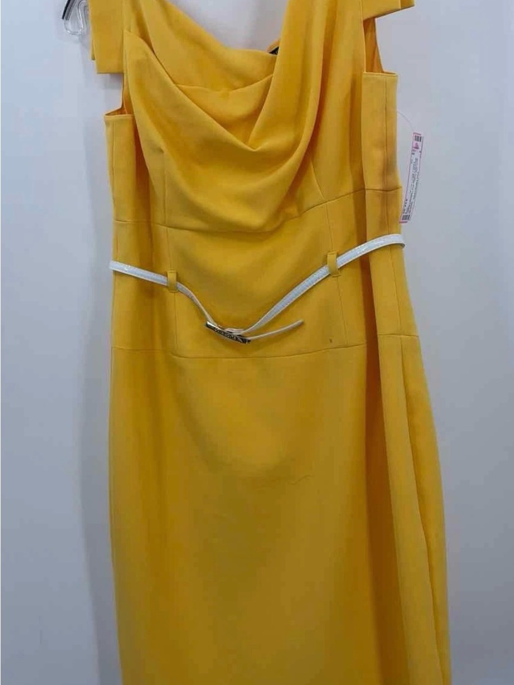 Black Halo Yellow Cowl-Neck Midi Dress with White Belt